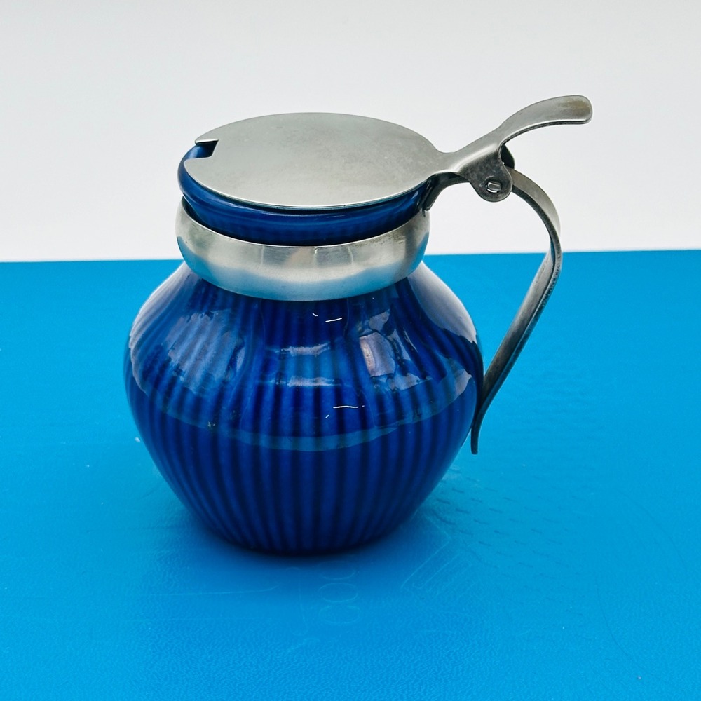 Vintage Rorstrand Sweden Cobalt Blue Ribbed Mustard Pot Stainless Lid F555
